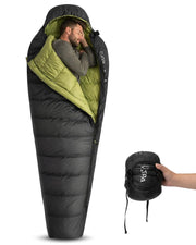 ATEPA front view of black sleeping bag showing mummy shape and roomy fit