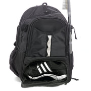 Athletico backpack front view showing organized pockets and two stick holders for easy transport