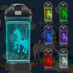 Attivolife unicorn bottle front view showing colorful LED glow and unicorn design for fun hydration