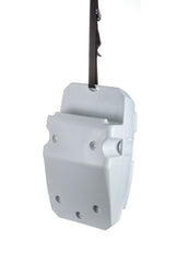 attwood mounted on pontoon rail with strap demonstrating secure attachment