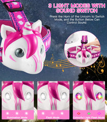 Aubllo unicorn headlamp close-up of LEDs and flashing unicorn face for clear light