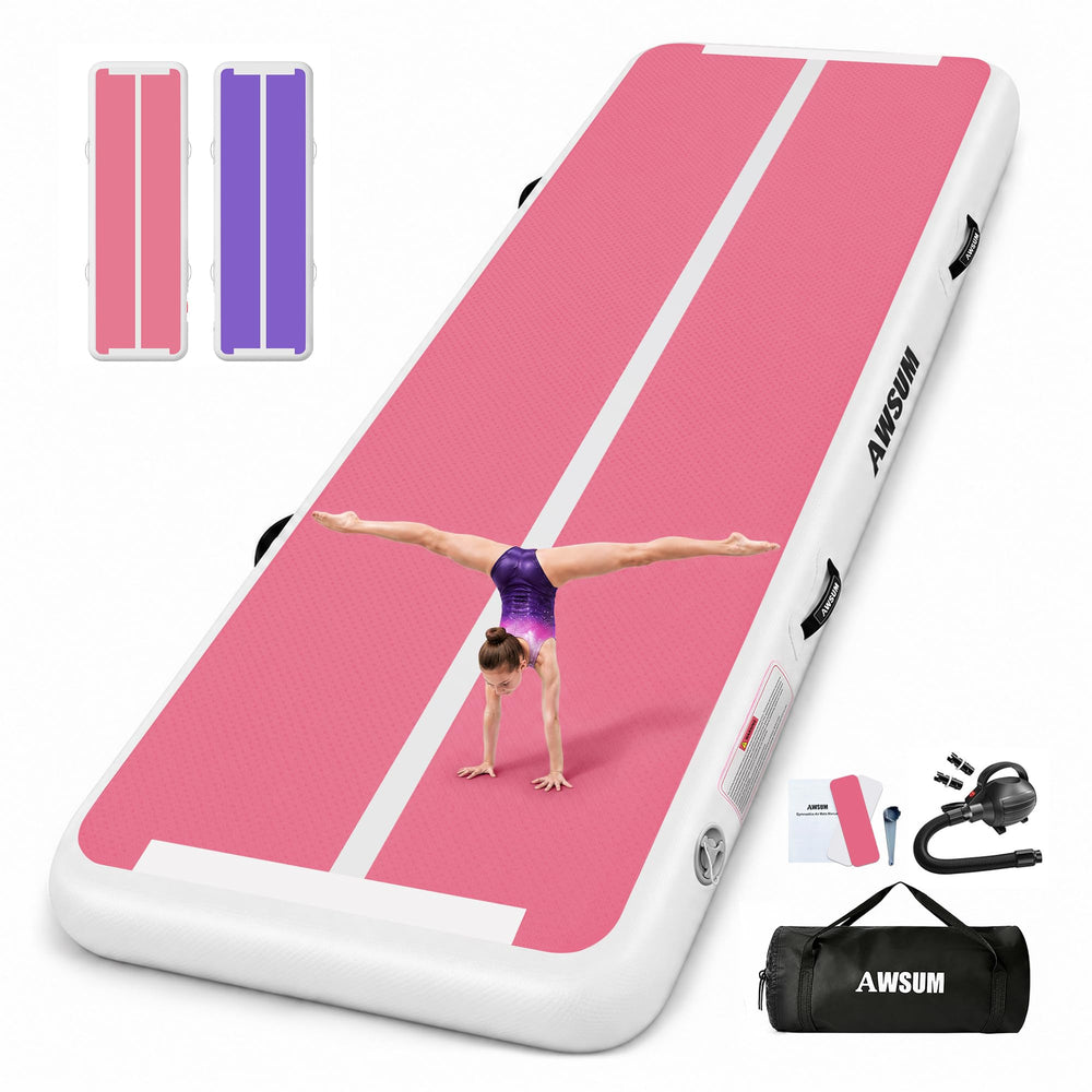 AWSUM front view of 13 ft purple-pink air tumble track showing size and color benefits