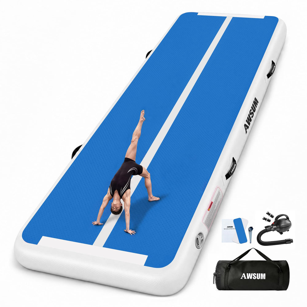 AWSUM front view of 10 ft blue white mat shows durable design and portability