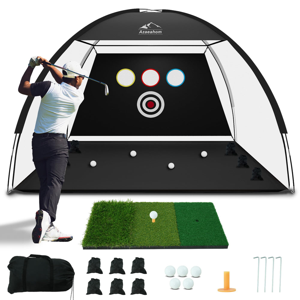 Azaeahom front view showing net and mat for safe backyard practice