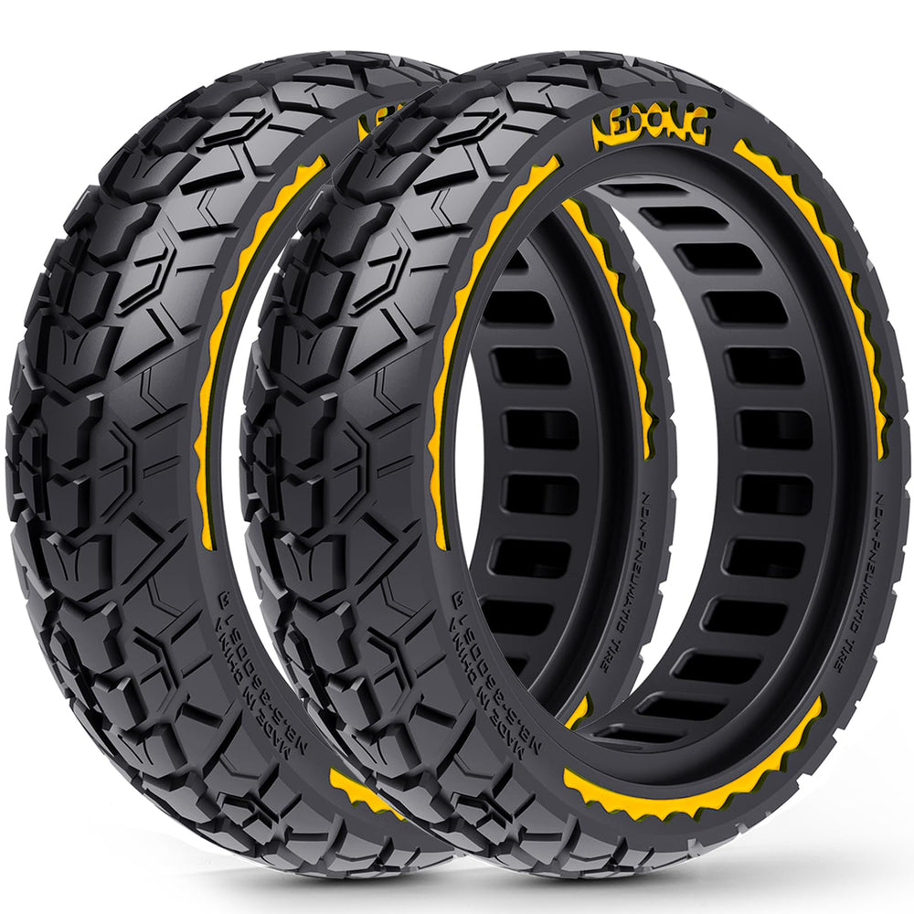BABEJIA front view of yellow 10x2.50 solid scooter tires showing profile and fit