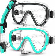 Bairuifu front packaging view showing both black and light blue snorkel sets, quality and included bags