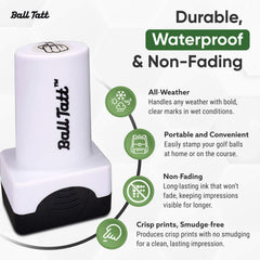 Ball Tatt metal marker detail showing die-struck enamel, durable premium feel benefit
