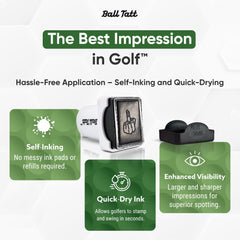 Ball Tatt stamp in use on a golf ball, quick-dry imprint for fast marking benefit
