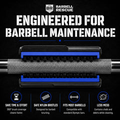 Barbell Rescue brush used on barbell in gym demonstrating fast maintenance