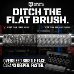 Detail view of Barbell Rescue brush bristles in knurl valley removing chalk