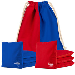 Barcaloo front view showing red and blue regulation cornhole bags for consistent play