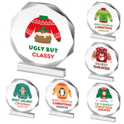 Barydat front view acrylic ugly sweater trophies showing colorful festive appeal