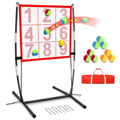 BaseGoal dart board full setup showing stand and stakes, easy portability benefit