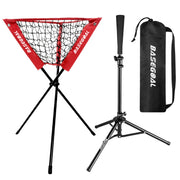 BaseGoal front view of red batting tee and caddy showing portability benefit