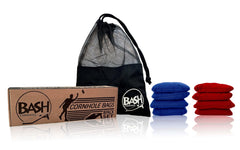 Bash Brands front view of red and blue regulation cornhole bags showing complete set advantage