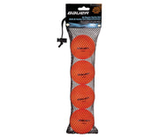 Bauer four-pack front packaging showing orange balls and mesh bag for easy transport