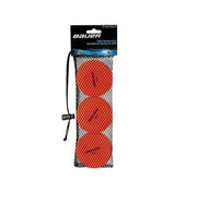 Bauer puck front packaging showing three orange pucks, easy to spot