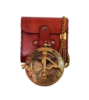 BAZROSS front view of brass sundial compass showing vintage appeal and gift readiness