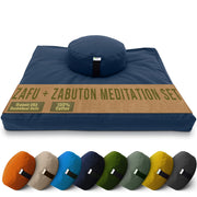 Bean Products navy zafu and zabuton front view showing neat canvas cover and stable seating
