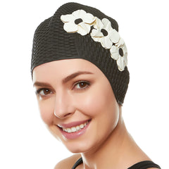 BEEMO front view of black cap with white flowers showing design and protection