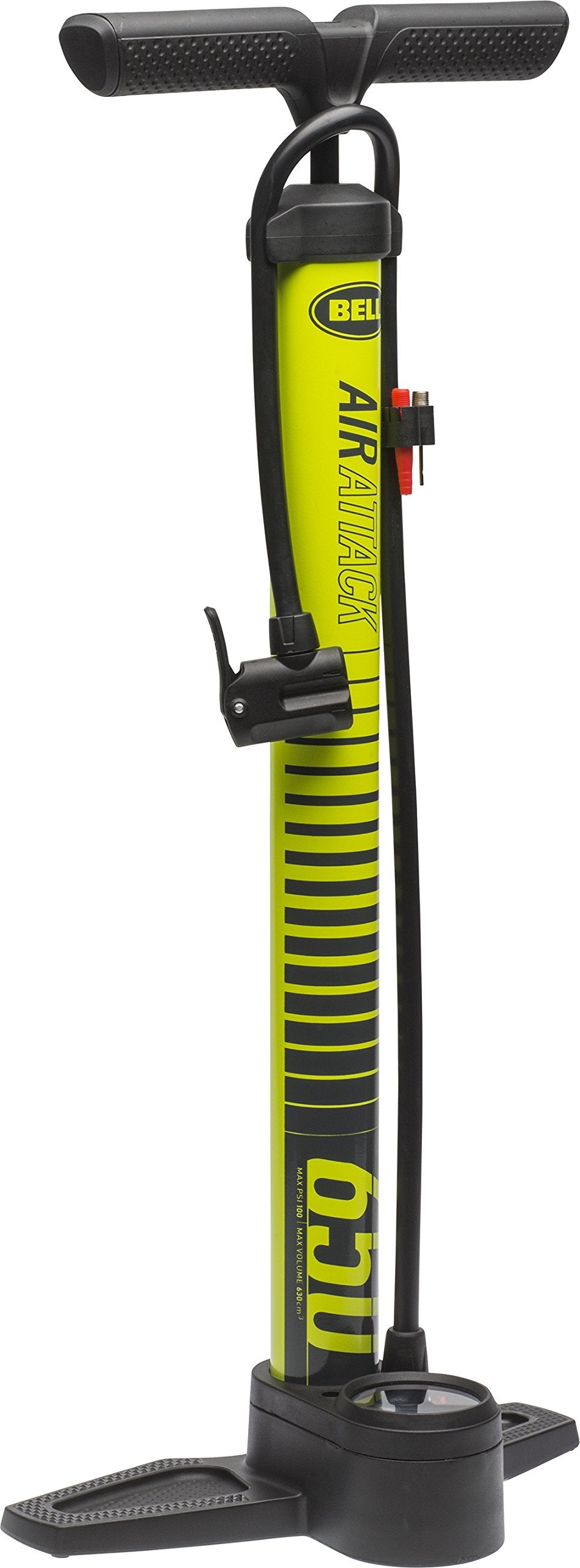 BELL pump front view showing yellow stripe and wide barrel benefit quick inflation