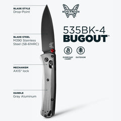 Benchmade Bugout close-up of M390 blade edge illustrating fine grind and corrosion resistance benefit