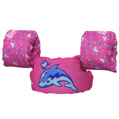 Bestway Puddle Jumper front view Pink Dolphin showing secure fit and playful print