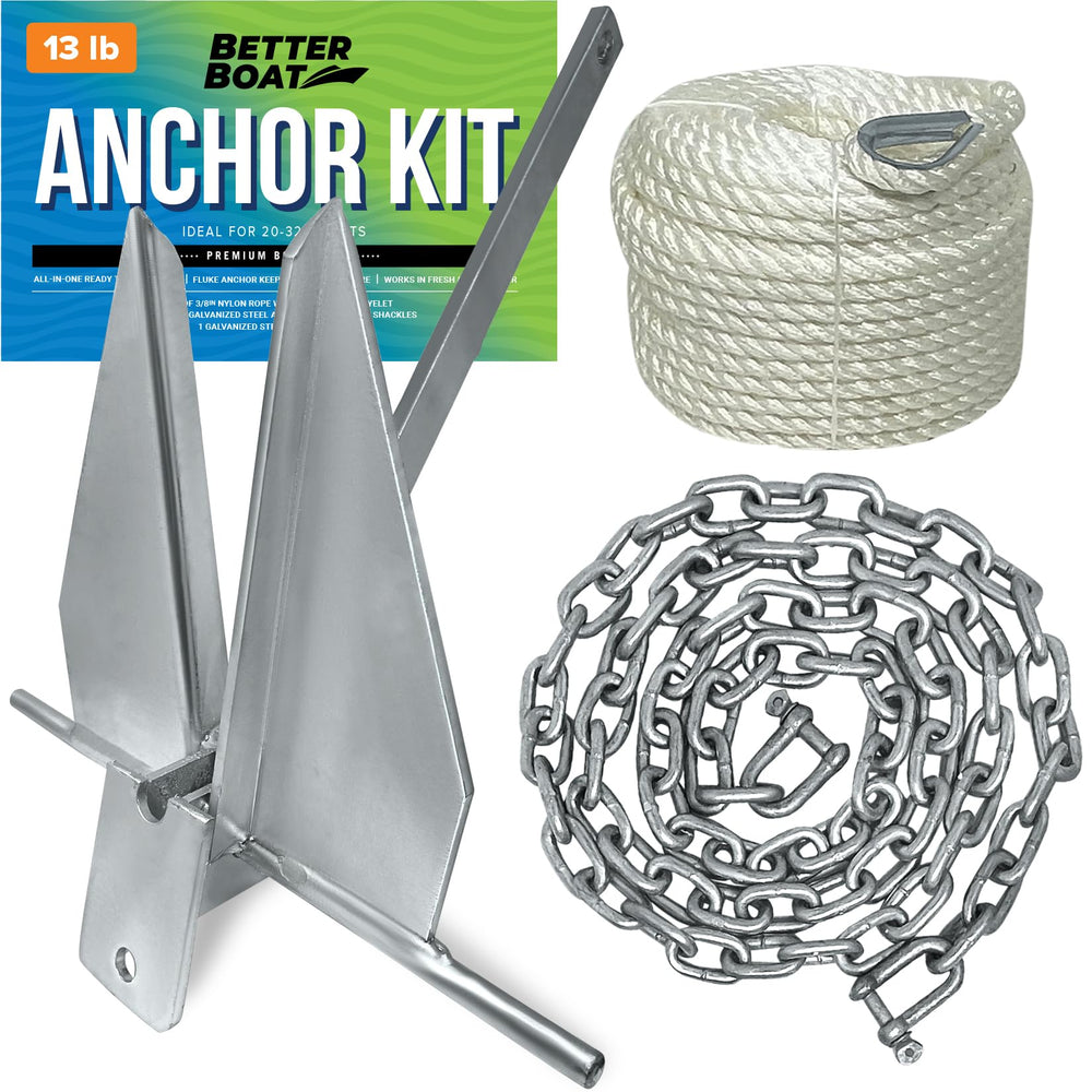 Better Boat front view of complete 13 lb anchor kit showing all components and readiness