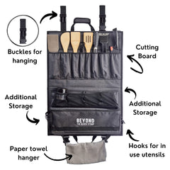 Beyond the Black Stump organizer hanging from an RV awning demonstrating hands-free convenience