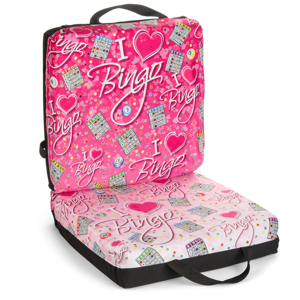 Bingo Innovation front view seat cushion showing pink and black pattern and comfort