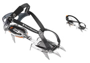 Black Diamond Contact Strap crampons front view showing ten-point layout and compact frame for secure traction