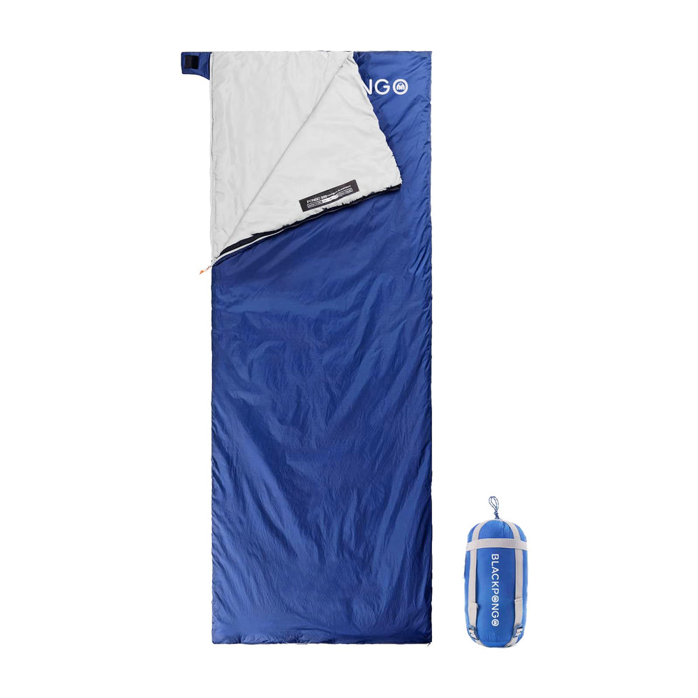 Blackpongo front view of dark blue ultralight sleeping bag showing full shape and benefit of roomy comfort