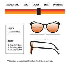 BluBlocker sunglasses beside ruler showing 53mm lens and fit measurements
