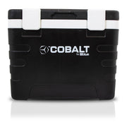 Blue Coolers front view showing black Cobalt 37Q cooler and portability benefit