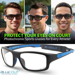 BLUE CUT close-up of photochromic lens surface highlighting texture and adaptive clarity