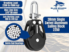 Blue Shark close-up of 38mm Delrin sheave highlighting smooth low-friction rope travel