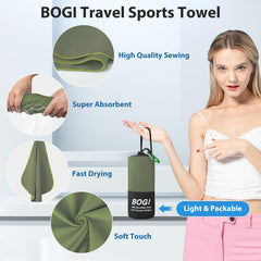 BOGI towel clipped to backpack with carabiner for hands-free carry