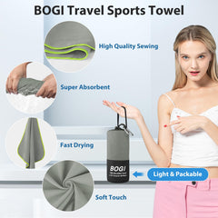 BOGI towel folded in pouch demonstrating portable storage and space saving