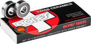 Bones Swiss Ceramic bearings front pack showing included 8 bearings and accessories for faster roll