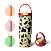BOTTLE BOTTLE cow design front view showing durable insulated finish and fun pattern