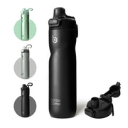 BOTTLE BOTTLE front view showing matte black finish and clear branding, stylish and durable