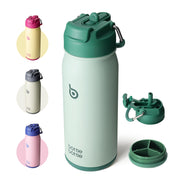 BOTTLE BOTTLE front view showing green bottle and easy-carry handle benefit