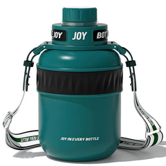 BOTTLE JOY forest front view shows sleek bottle and strap benefit: stylish portability