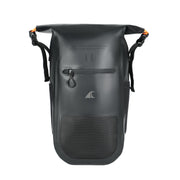 Breakwater Supply front view of black rolltop dry backpack showing shape and pockets, durable carry