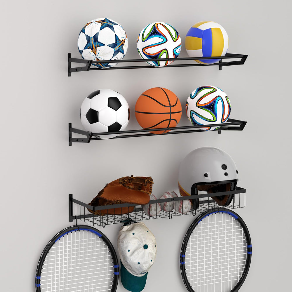 BTY front view of mounted ball rack showing organized balls and space saved