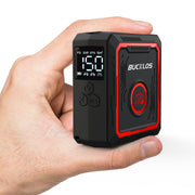 BUCKLOS mini pump front view showing compact design and branding for easy storage