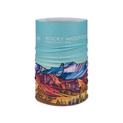 Buff front view Rocky Mountain print showing full design and sun protection benefit