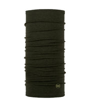 Buff midweight merino gaiter front view showing fit and bark color providing versatile warmth