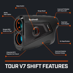 Bushnell Tour V7 Shift OLED display closeup showing green plays‑like number for fast reads
