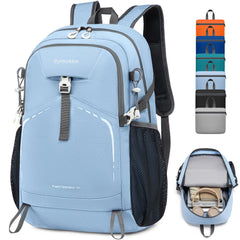 Bymontin packable daypack front view showing sky-blue color and pockets benefit